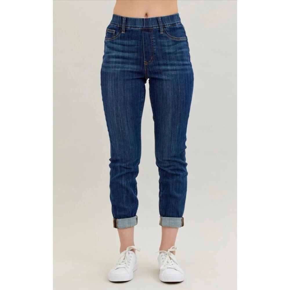 Judy Blue High Waist Pull On Double Cuff Slim Denim Jeans Womens 29 Dark Blue